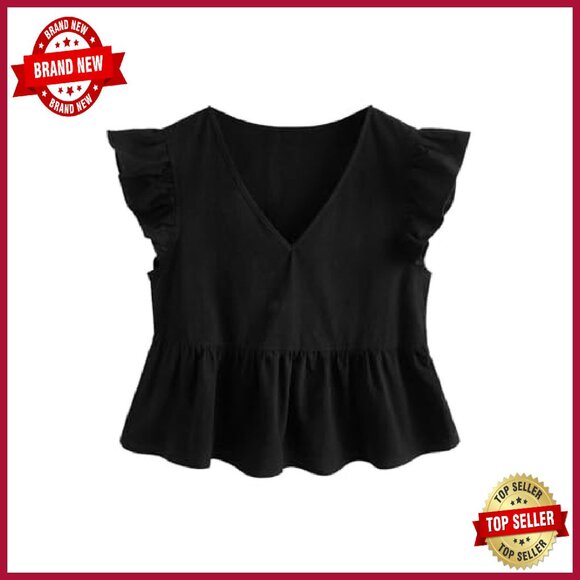 V-Neck Ruffle Cap Sleeve Blouse Flared Hem Peplum Top - Picture 2 of 7